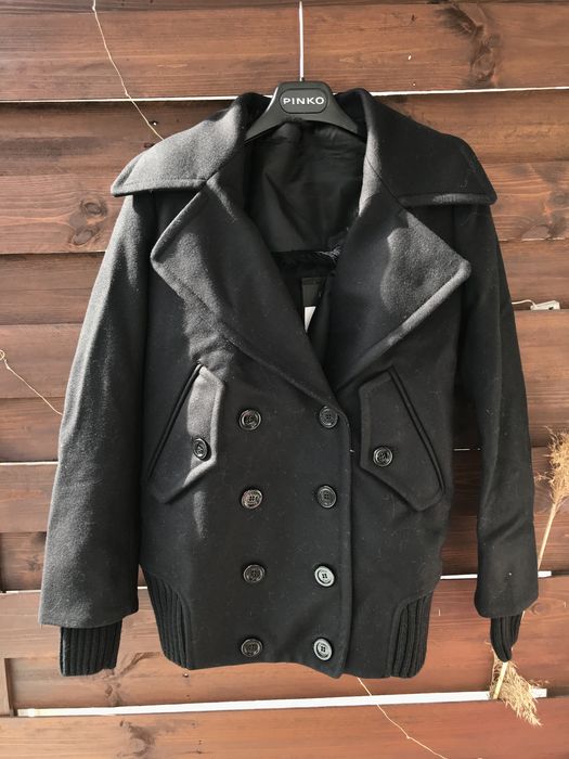 PINKO nowa czarna kurtka jesionka wełniana sztuczne futro S