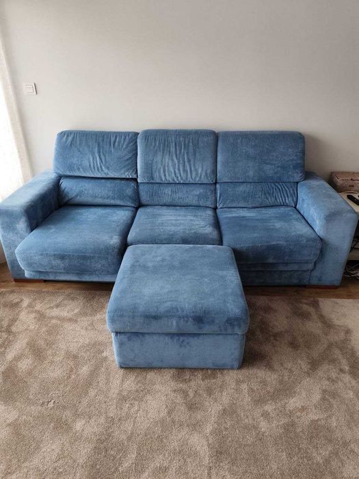 Sofá Azul com 3 Chaises + Mega Puff – Conforto, Versatilidade e Estilo