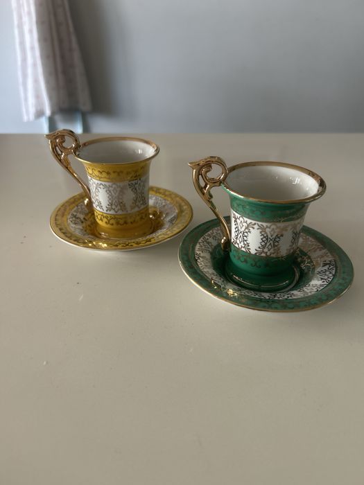2 chavenas de café vintage dourado verde e amarelo