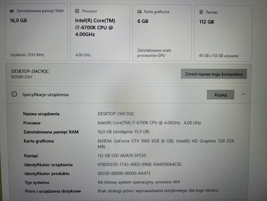 Komputer i7-6700K / GTX 1060 6GB / 16GB RAM / SSD /