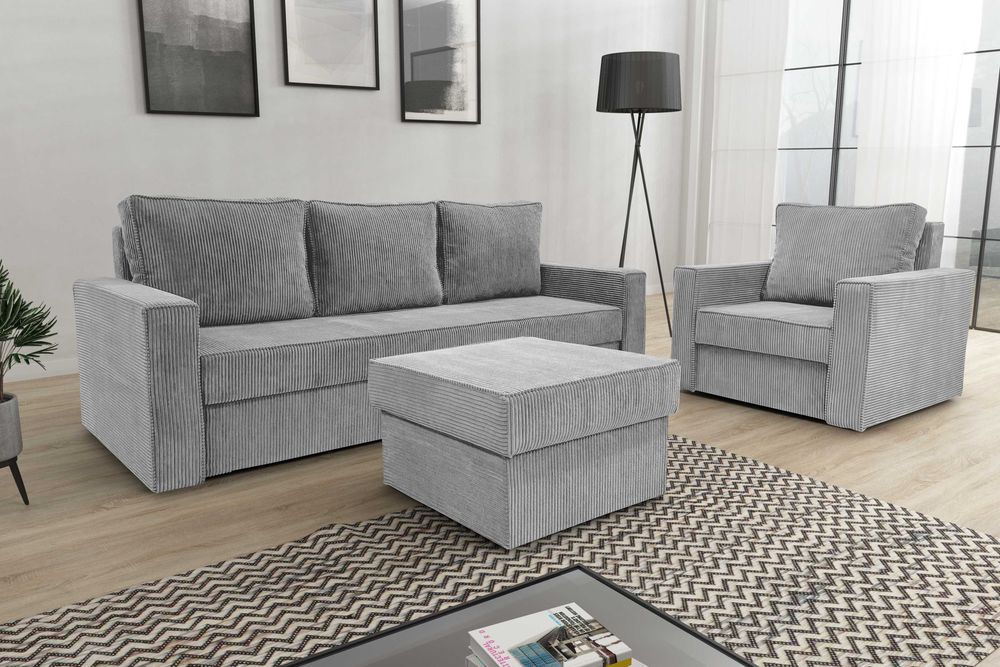 Zestaw komplet wypoczynkowy kanapa fotel pufa Sofia. Sztruks, sprężyny