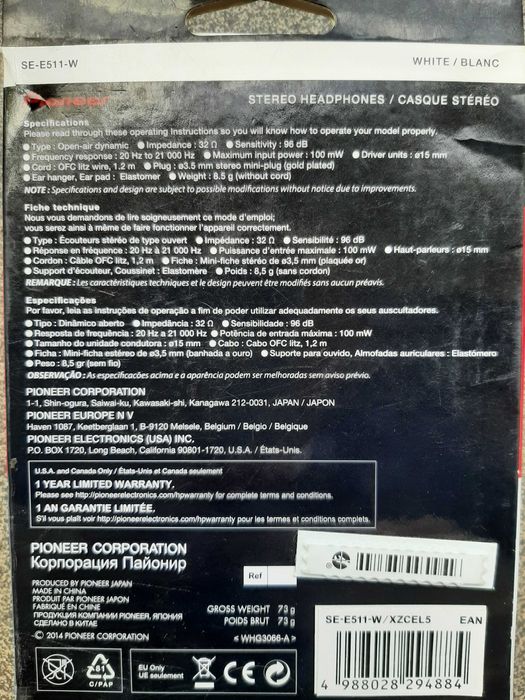 Sluchawki douszne Pioneer białe nowe