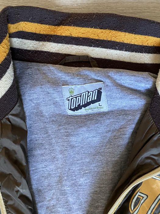 Вінтажна нейлонова куртка-бомбер Topman «Seventy Nine» у коричнево-золотому кольорі.