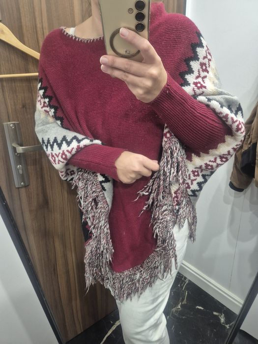 Poncho grube zimowe boho indian czerwone one size