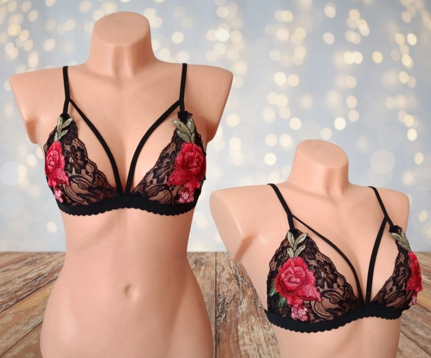 Czarny miękki stanik biustonosz z różą sexy straps 75B