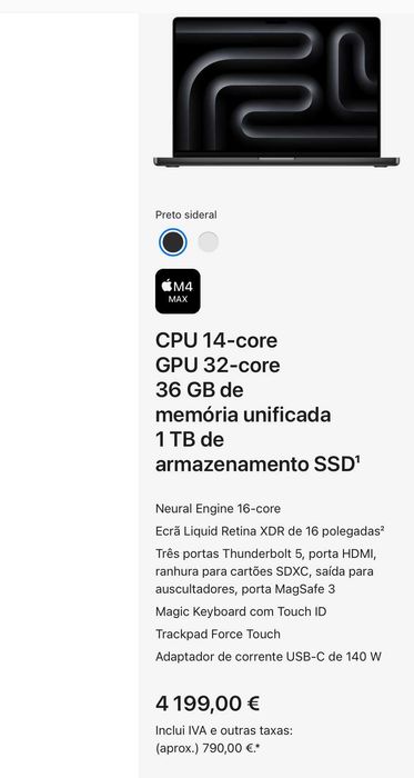 MacBook Pro 16" M4 Max - 36GB RAM / 1TB SSD (COMO NOVO)
