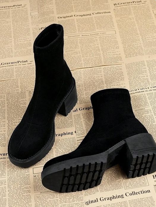 Botki damskie czarne zamszowe na słupku elastyczne jesienne casualowe