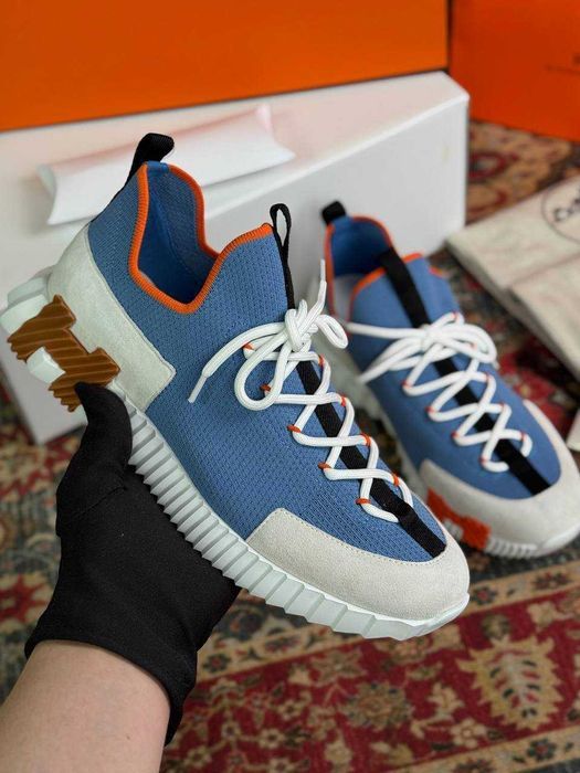 Мужские синие кроссовки Hermes текстильные кеды Эрмес летние кроссовки Ермес ob453