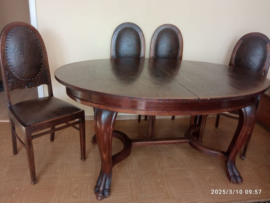 Dębowy komplet stół, krzesła,fotele, antyk 1935 rok