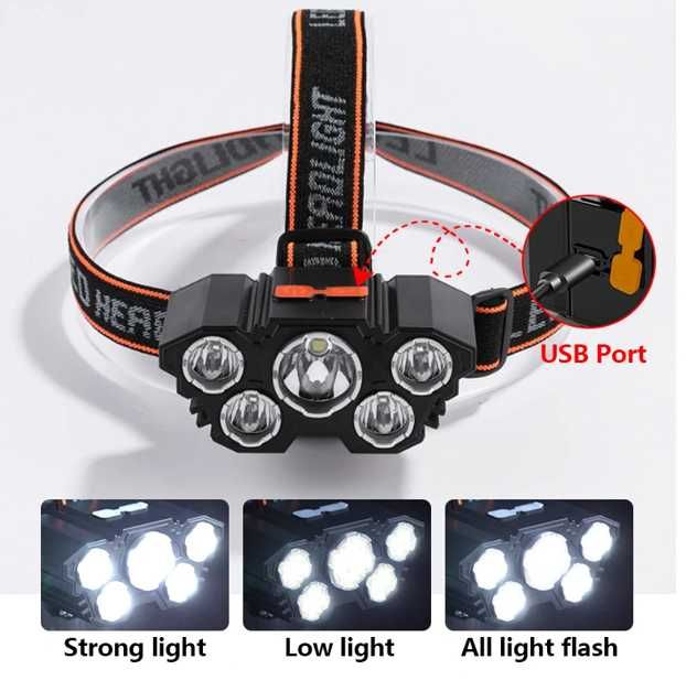 Latarka czołowa akumulatorowa - 5 LED - bardzo mocna - NOWA - 5szt