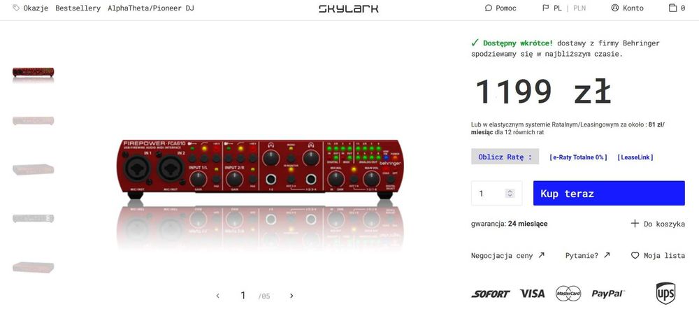 Interfejs audio BEHRINGER FIREPOWER FCA610 audiofilski FireWire/USB/MIDI 6 wejść/10 wyjść, 24-Bit/96 kHz z MIDAS