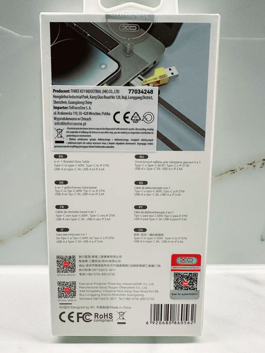 Przewód, kabel 4w1 USB-C - Lightning + USB - USB-C 60W 1m