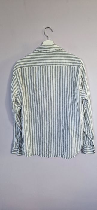 Biała miętowa koszula w paski z długim rękawem len bawełna H&M M L