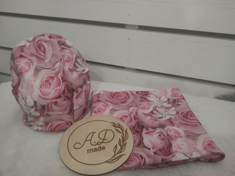 Komplet bawełniany Pudrowe Róże czapka,komin 86,98,104,110,116,122,128