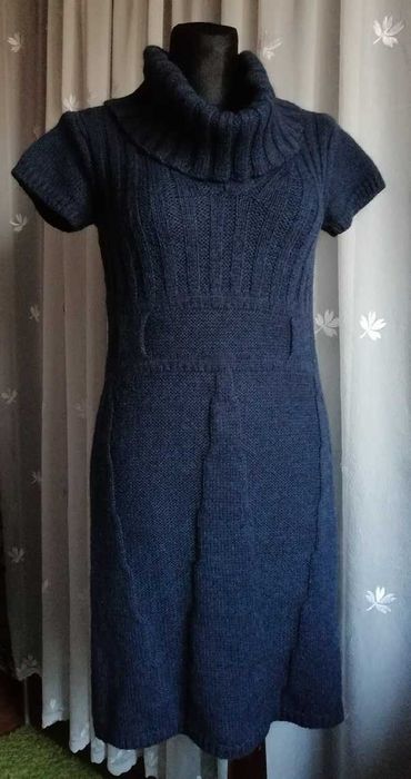 Wełniana j.nowa ciepła z golfem sukienka sweter golf granat wełna M
