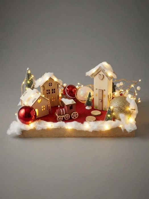 Aldeia Natal com luzes, em madeira natural, 40x27x23cm