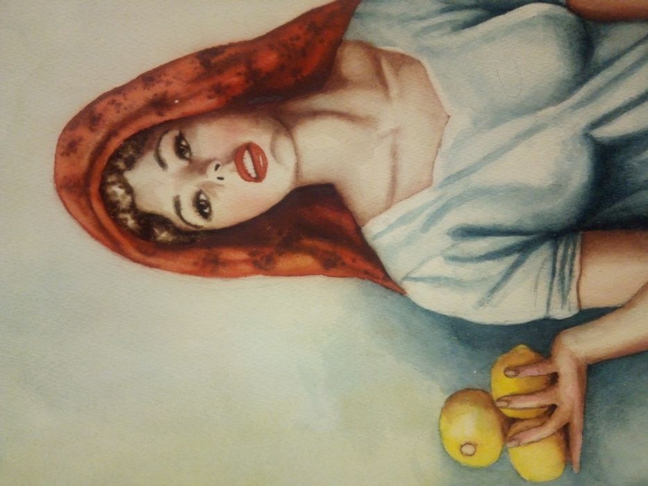 C. Pereira de Lima - antiga aquarela de uma linda mulher com limões