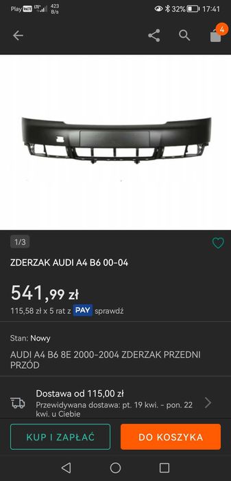 Oryginalny błotnik prawy, zderzak audi a4 b6 avant