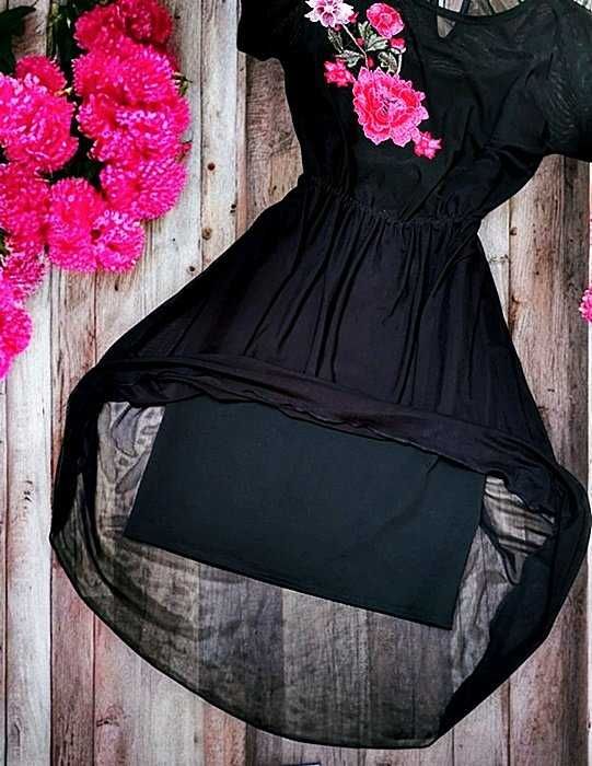 Czarna Sukienka Szyfonowa 2w1 Haftowana Kwiaty Elegancka Boho Gothic M