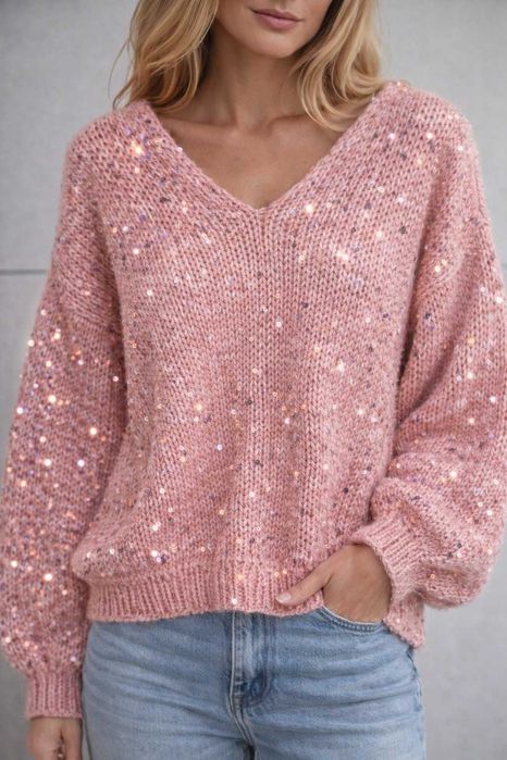 Ręcznie robiony sweter moherowy z cekinami