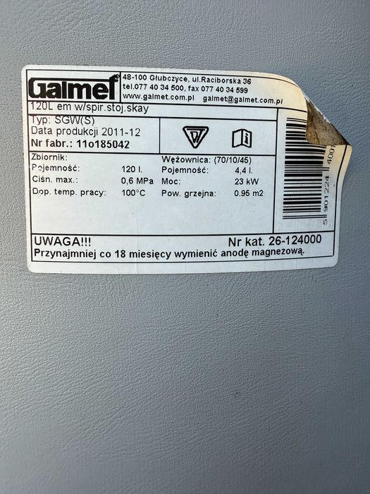 Wymiennik c.w.u. z wężownicą spiralną SGW(S) GALMET 120l