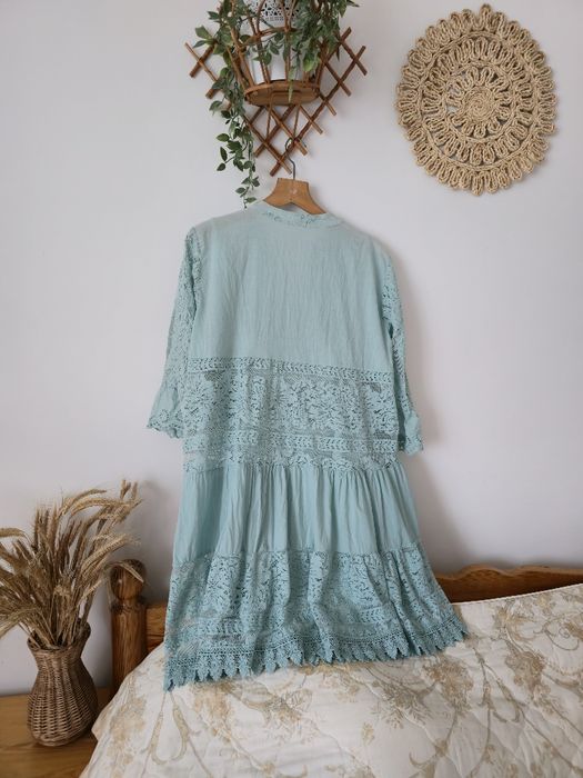 Sukienka miętowa koszulowa turkusowa boho hippie etno koronka XL