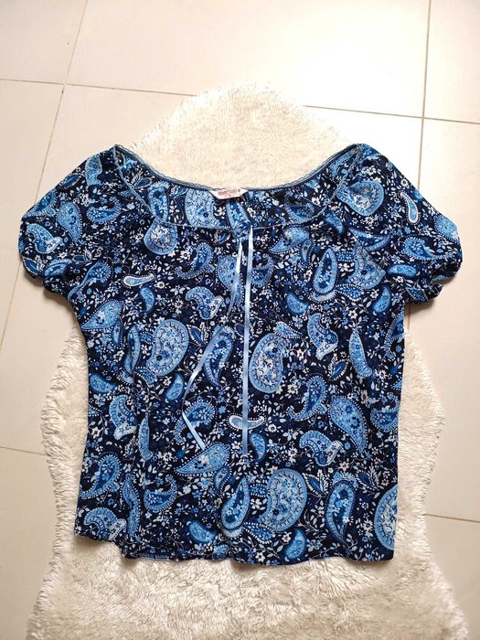 piękna bluzka kolorowa niebieski wzór turecki 44 46 plus size lato oversize