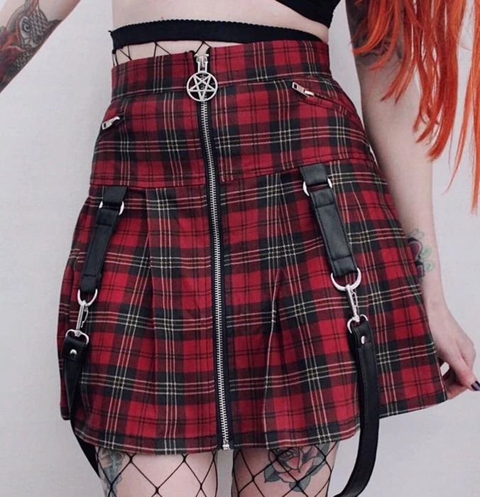 Spódnica w Kratkę z Elementami Gotyckimi Wysoki Stan GOTH - M