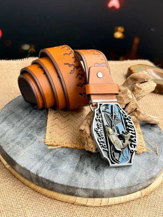 Pasek męski ryba Fish wędkarz wędkarski jeans western jasny brąz