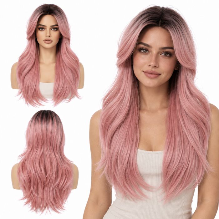 Peruka Damska Bladoróżowa Ombre 51 cm Długa Syntetyczna z Grzywką