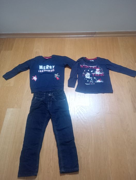 Zestaw bluza świąteczna 116, ocieplane spodnie jeansowe i bluzka z dłu