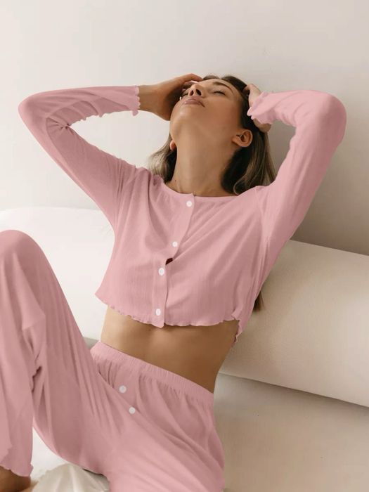 Трикотажний бавовняний домашній комплект штани і топ з довгим рукавом