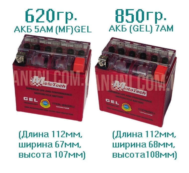 АКБ гелиевый для скутера 2.3/4/ 5/ 7/ 9/ 12/ 14/ 18, 20 ah.