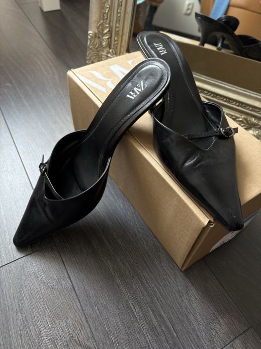Skórzane mule czułenka kaczuszki buty na szpilce ZARA roz. 40