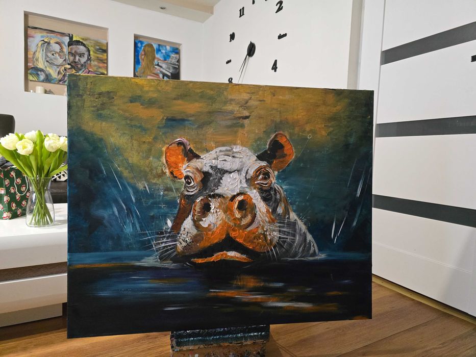 hipopotam obraz ręcnzie malowany