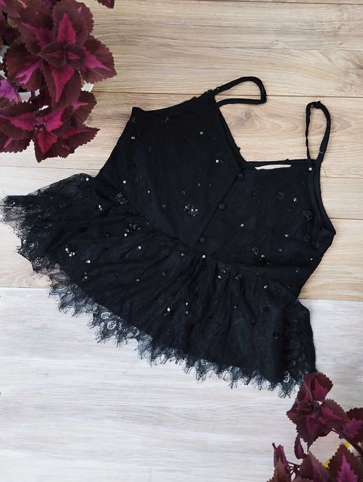koronkowy crop top z cekinami XS ramiączka błyszczący goth alternative