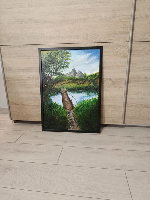 Obraz góry las jezioro 50x70 ręcznie malowany, autorski