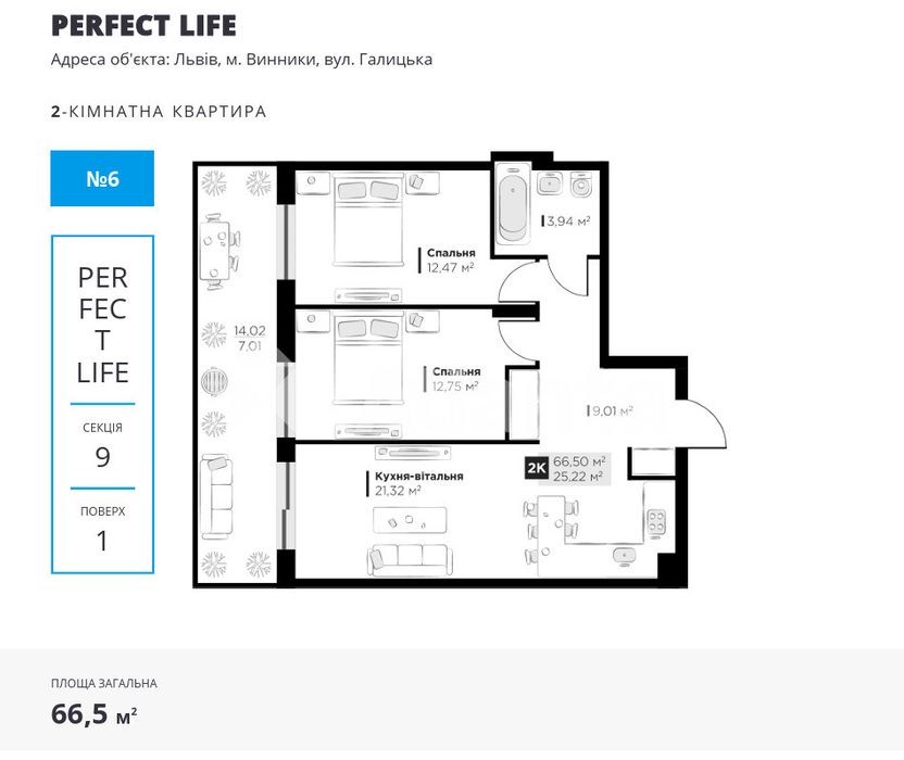 Продаж 2-кім картири в ЖК PERFECT LIFE з власним патіо.
