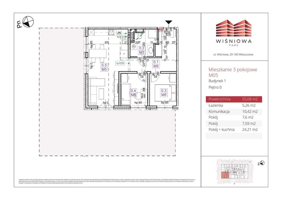 3 pokoje, mieszkanie M6 na sprzedaż- 58,65 m2, Wiśniowa Park II