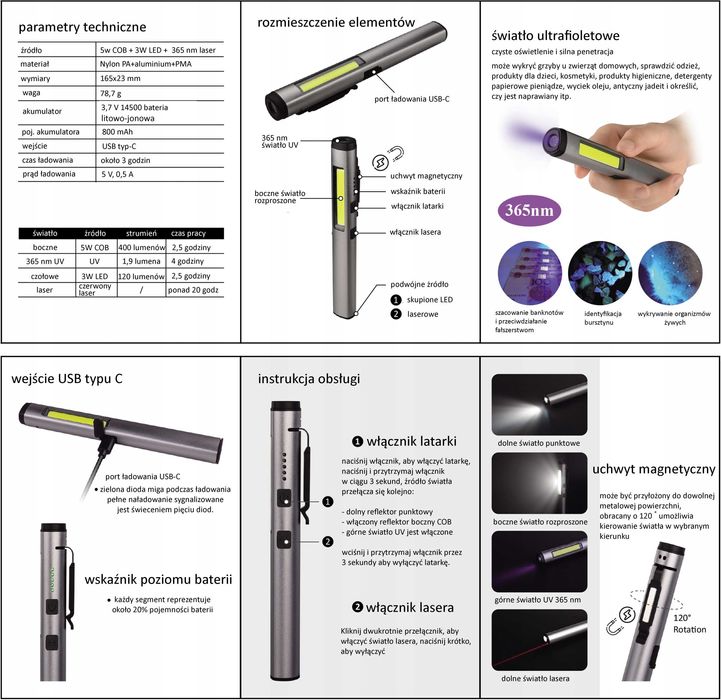 Latarka warsztatowa laser LED aku  400LM