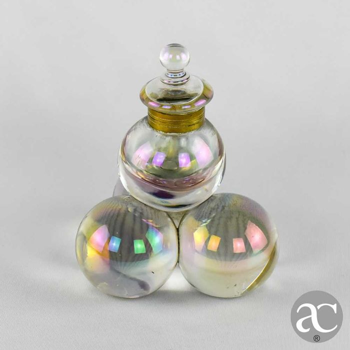 Raro Tinteiro iridescente em Cristal Bohemia e metal dourado