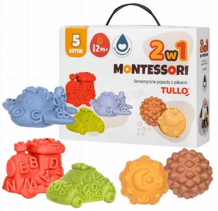 Tullo 2w1 Montessori Sensoryczne Pojazdy i Piłeczki – Zestaw 5 elementów