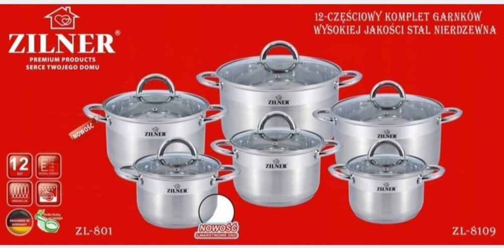 Komplet garnków 12 elementów stal nierdzewna indukcja gaz