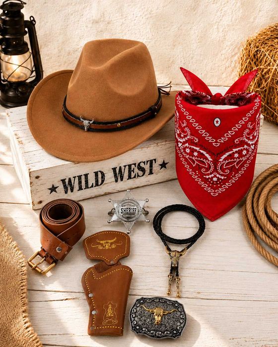 Okazja! Nowy Strój kowboja zestaw szeryfa kapelusz bandana western dziki zachód Kostium Kowboja 7w1