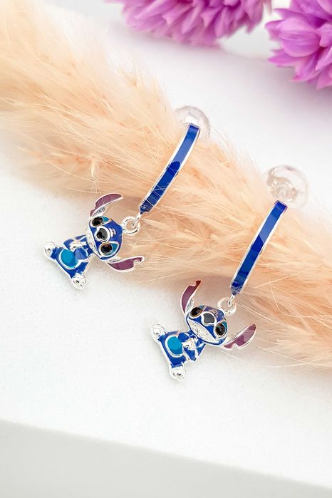 Srebrne wiszące kolczyki z emalią Lilo & Stitch pr. 925