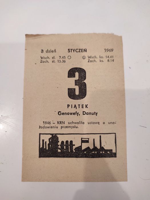 Oryginalna kartka z kalendarza 3 stycznia 1969