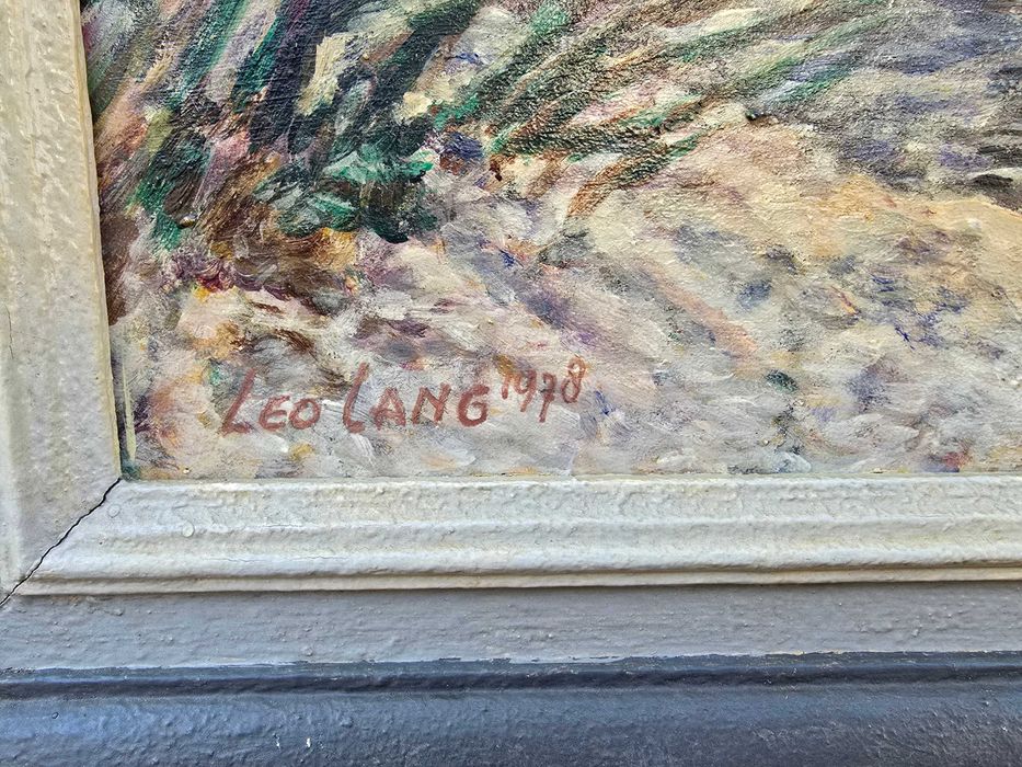 Stary obraz olejny  Leo Lang drzewa i domy