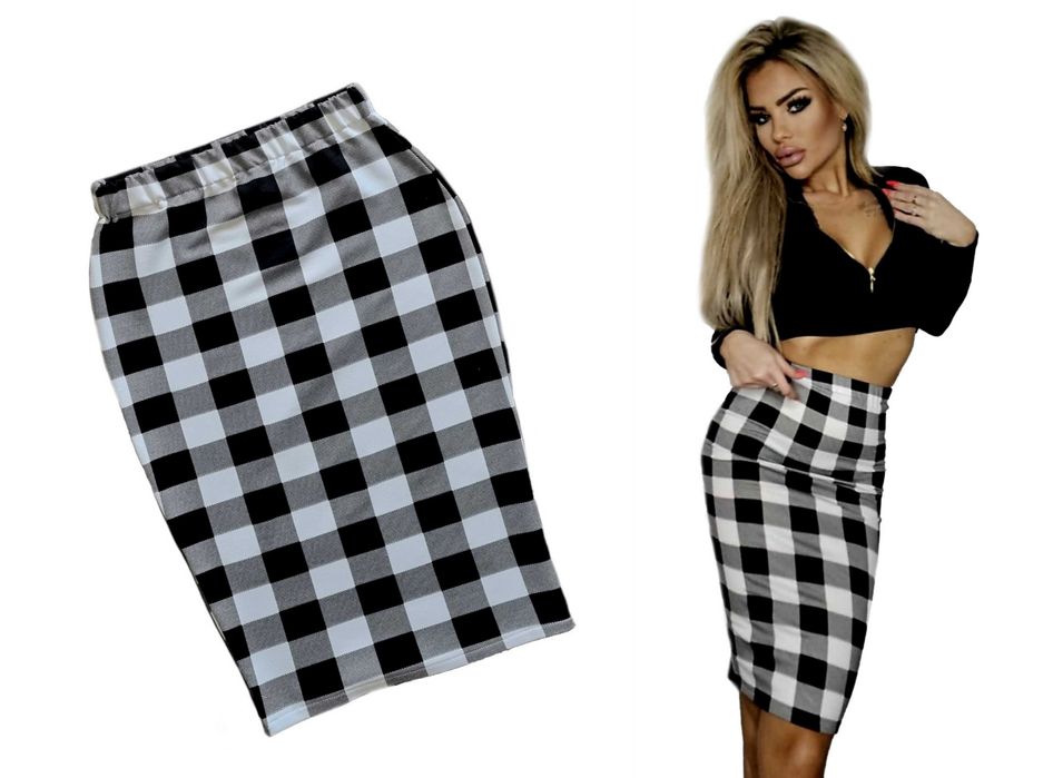 SPÓDNICZKA MIDI  przed kolana w KRATKĘ czarno białą na GUMCE
