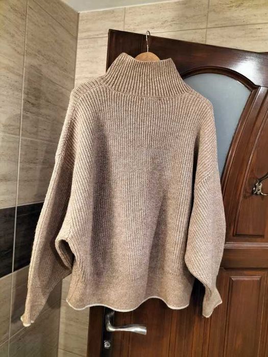 Ciepły sweter ala nietoperz dzianina nude szerokie rękawy bufiaste h&m