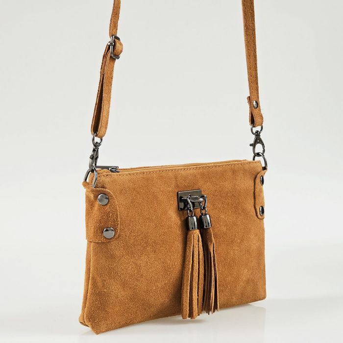 VERA PELLE torebka zamszowa listonoszka z frędzelkami V036 chabrowa